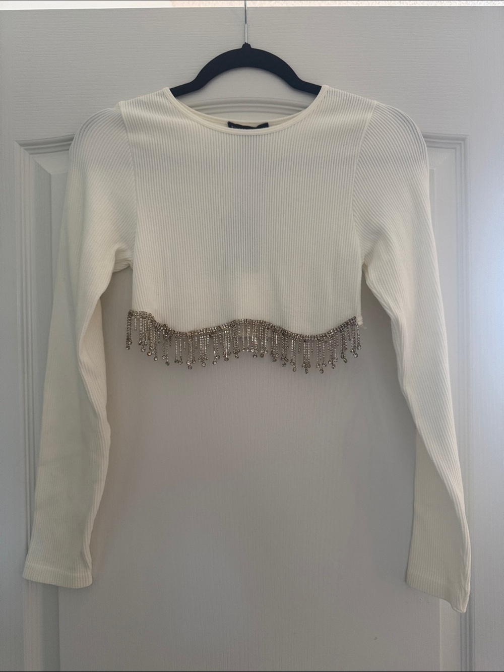 Sincerely Jules Ivory Ribbed Cropped Top with Silver Beaded Fringe
